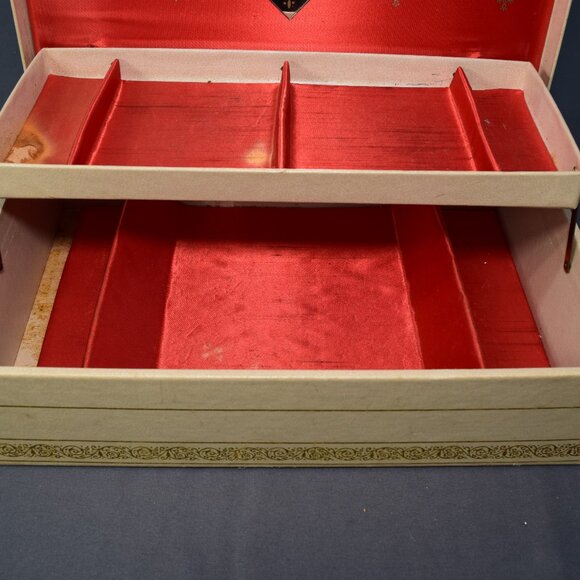 Vintage Jewelry Box Storage Organizer 2-Tier Off White Leather Red Satin Damaged - Picture 5 of 16